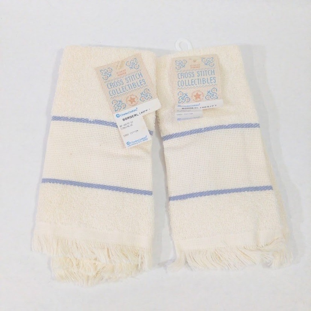 Vtg Charles Craft Cross Stitch Fingertip Towels Ecru Blue Borderlines 2pc USA
